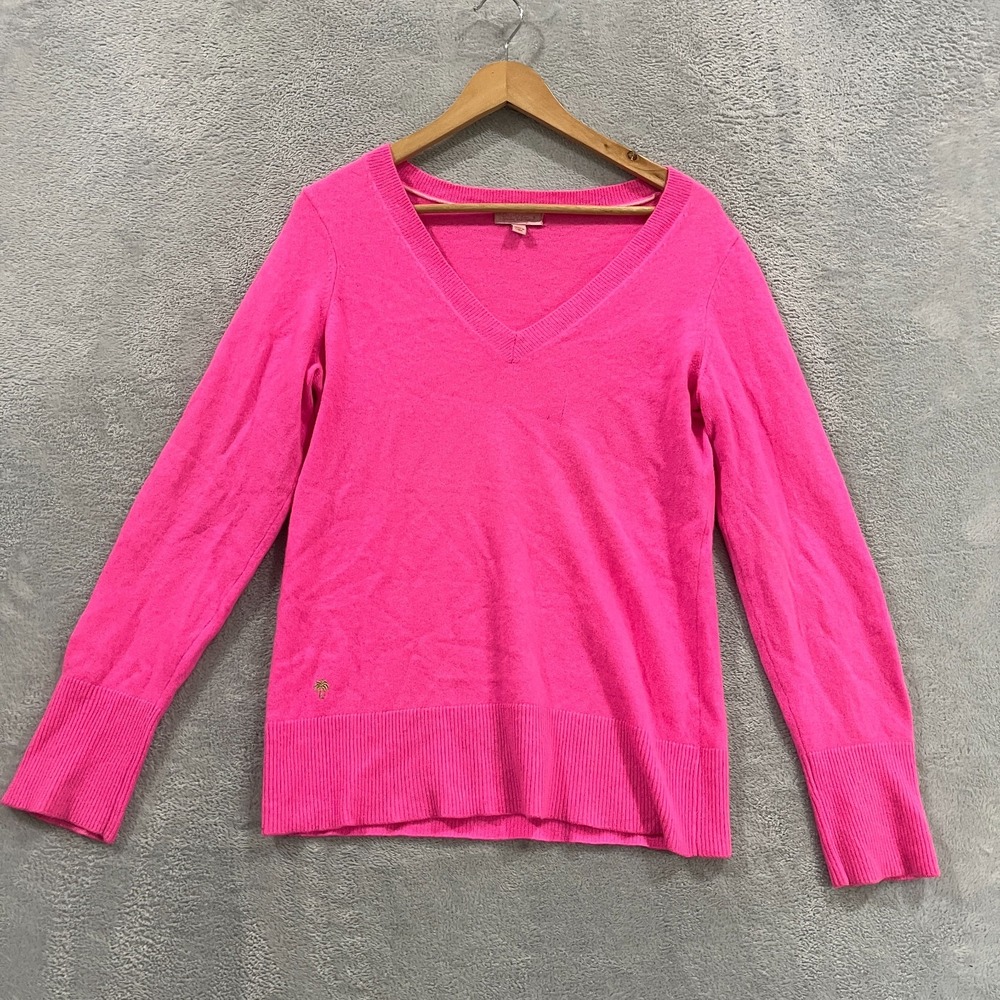 Lilly Pulitzer Sweater Womens L Hot Pink Cashmere Gold Palm Tree V-Neck Pullover